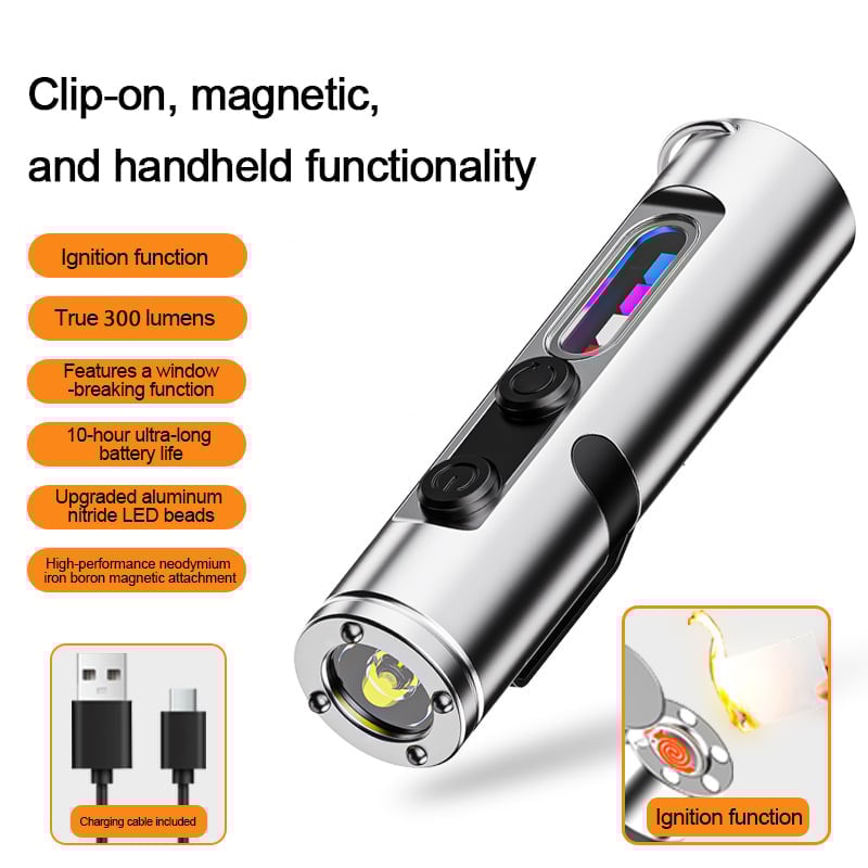 đŚPocket Rechargeable EDC Flashlight: 500 Lumens Mini Keychain Light with Fire Starter & Window Breaker