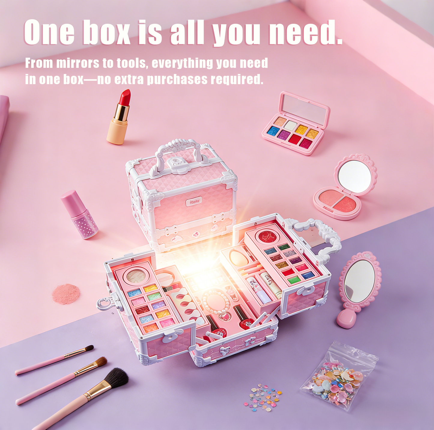 Girls Makeup Kit for Dress Up, 54Pcs Multilayer Princess Cosmetic Box, Non-Toxic Pretend Play Makeup Toy, Great for Kids’ Party & Role Play, Gift for 4-12 Year Old Girls