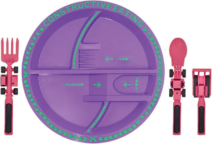 Constructive Eating Plate and Utensils Set - USA-Made Toddler Dinnerware with Divided Plates