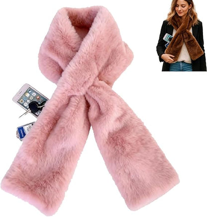 Faux Fur Scarf with Hidden Zipper Pocket, Womens Warm Scarf with Pockets, Pull Through Winter Scarves for Cold Weather