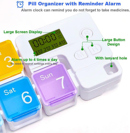 7 Day Pill Organizer - Alarm Reminders, Large Compartments, Moisture&Dust-Proof