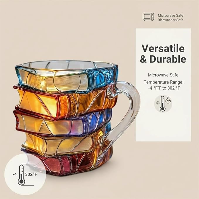 3D Book-Shaped Coffee Mug (11oz) –  New Handmade Stained Glass Chapter Mug | Novelty Gift for Book Lovers, Readers & Librarians