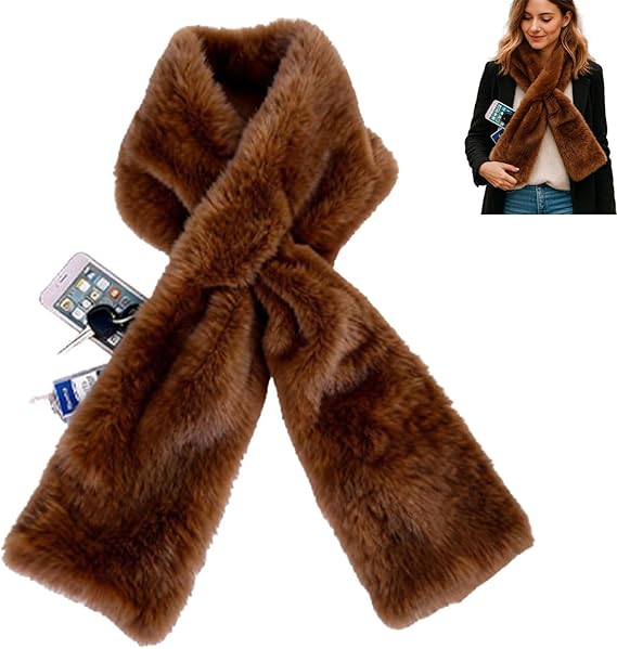 Faux Fur Scarf with Hidden Zipper Pocket, Womens Warm Scarf with Pockets, Pull Through Winter Scarves for Cold Weather