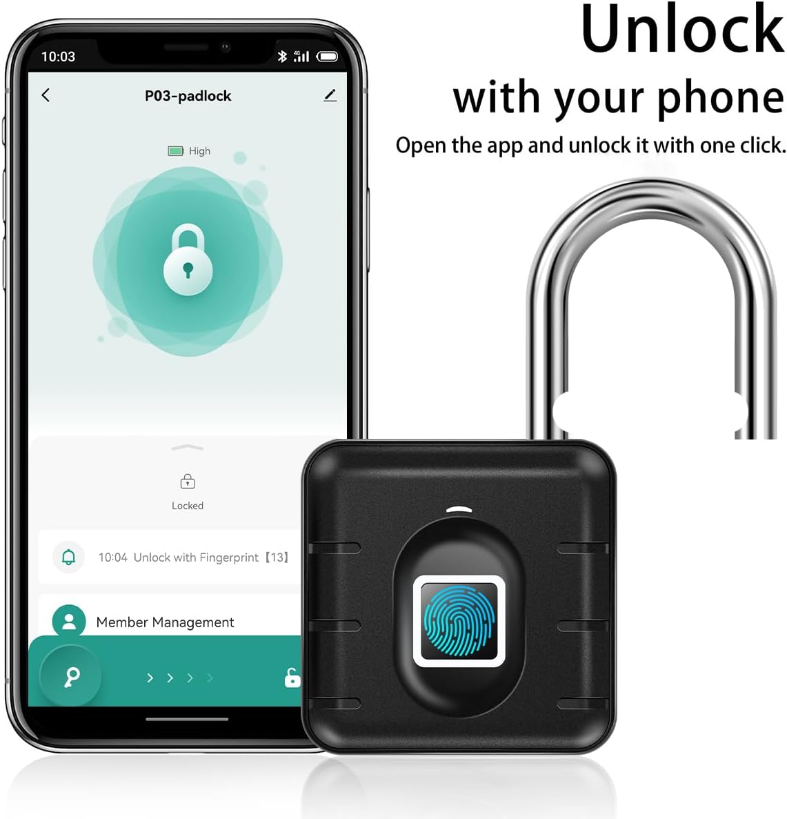Smart Fingerprint Padlock, Tuya App Control, Bluetooth Unlock, IP67 Waterproof, 10 Fingerprint Capacity, Stainless Steel Shackle, For Suitcases, Gym Lockers, Outdoor Gates, Doors, Fences, Storage