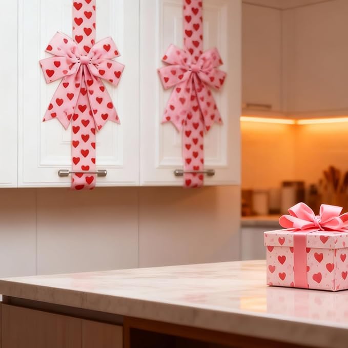 Valentine's Day Pink Heart Large Bow Decoration - 79x2.4 Inches Polyester Fringe Bow for Cabinet Doors  No Batteries Needed, Easy to Install Festive Home Decor