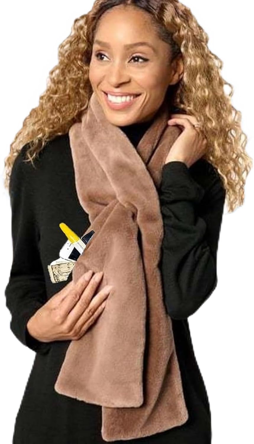 Faux Fur Scarf with Hidden Zipper Pocket, Womens Warm Scarf with Pockets, Pull Through Winter Scarves for Cold Weather