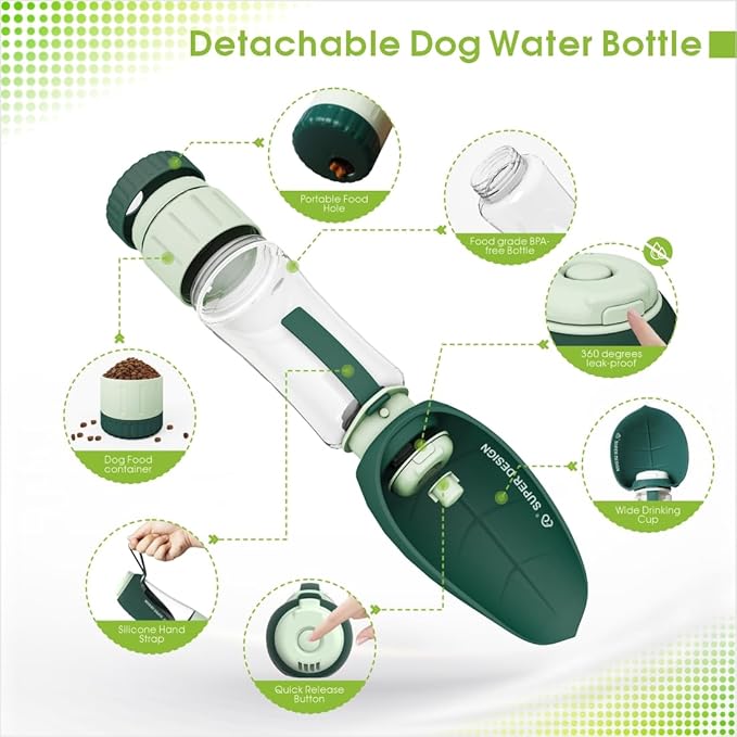 2-in-1 Pet Water & Food Bottle, Leakproof Portable Dispenser for Dogs Cats Puppies, Ideal for Outdoor Walking Hiking Travel 12OZ