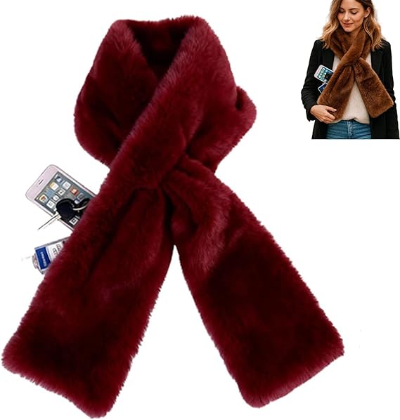 Faux Fur Scarf with Hidden Zipper Pocket, Womens Warm Scarf with Pockets, Pull Through Winter Scarves for Cold Weather