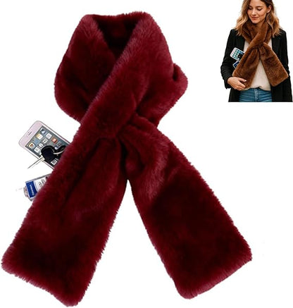 Faux Fur Scarf with Hidden Zipper Pocket, Womens Warm Scarf with Pockets, Pull Through Winter Scarves for Cold Weather