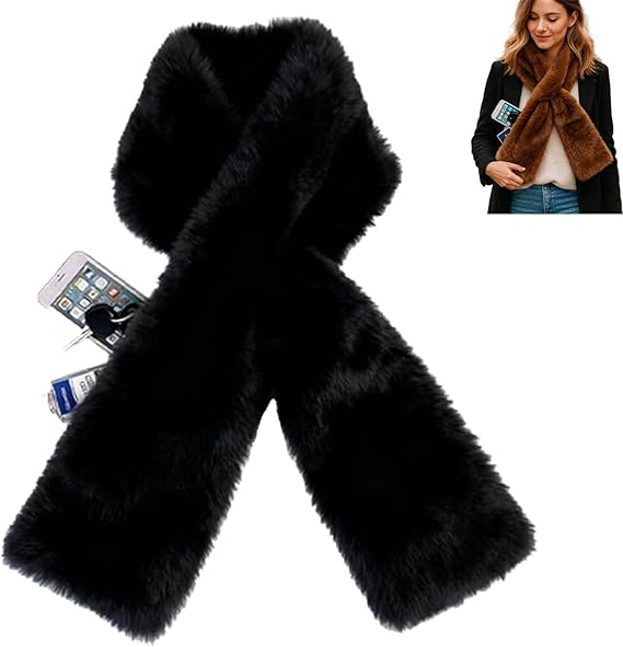 Faux Fur Scarf with Hidden Zipper Pocket, Womens Warm Scarf with Pockets, Pull Through Winter Scarves for Cold Weather