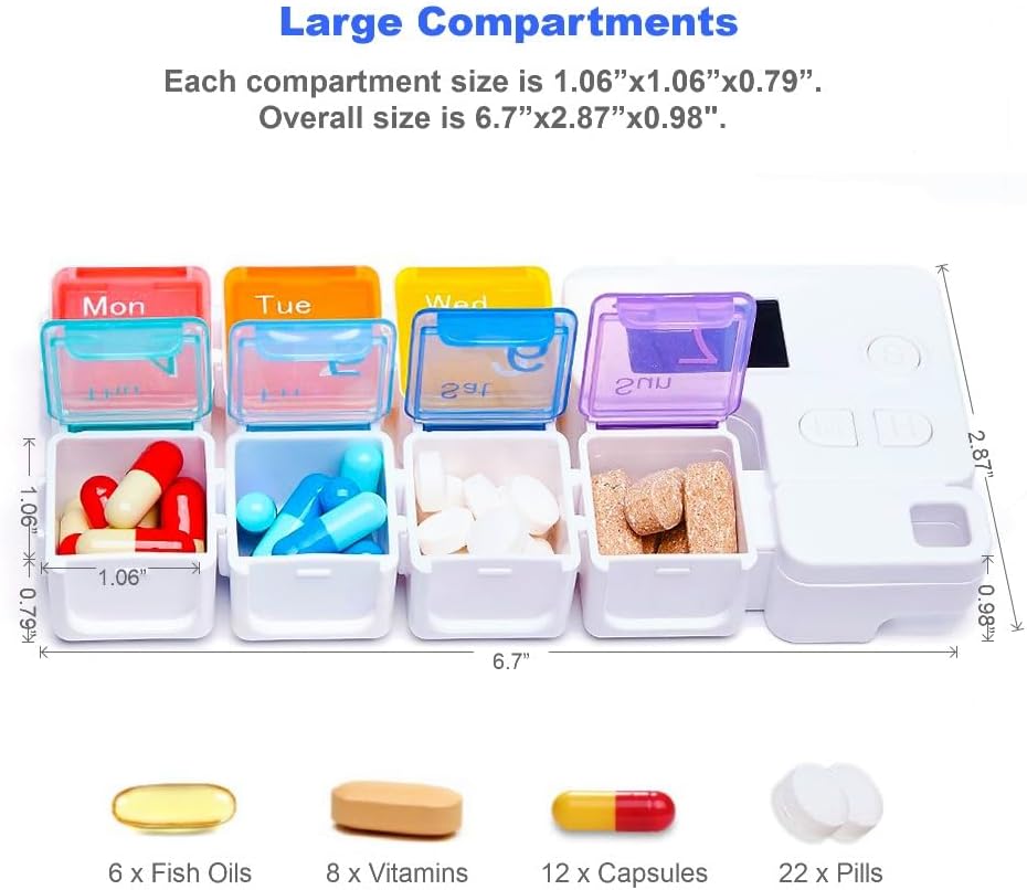 7 Day Pill Organizer - Alarm Reminders, Large Compartments, Moisture&Dust-Proof
