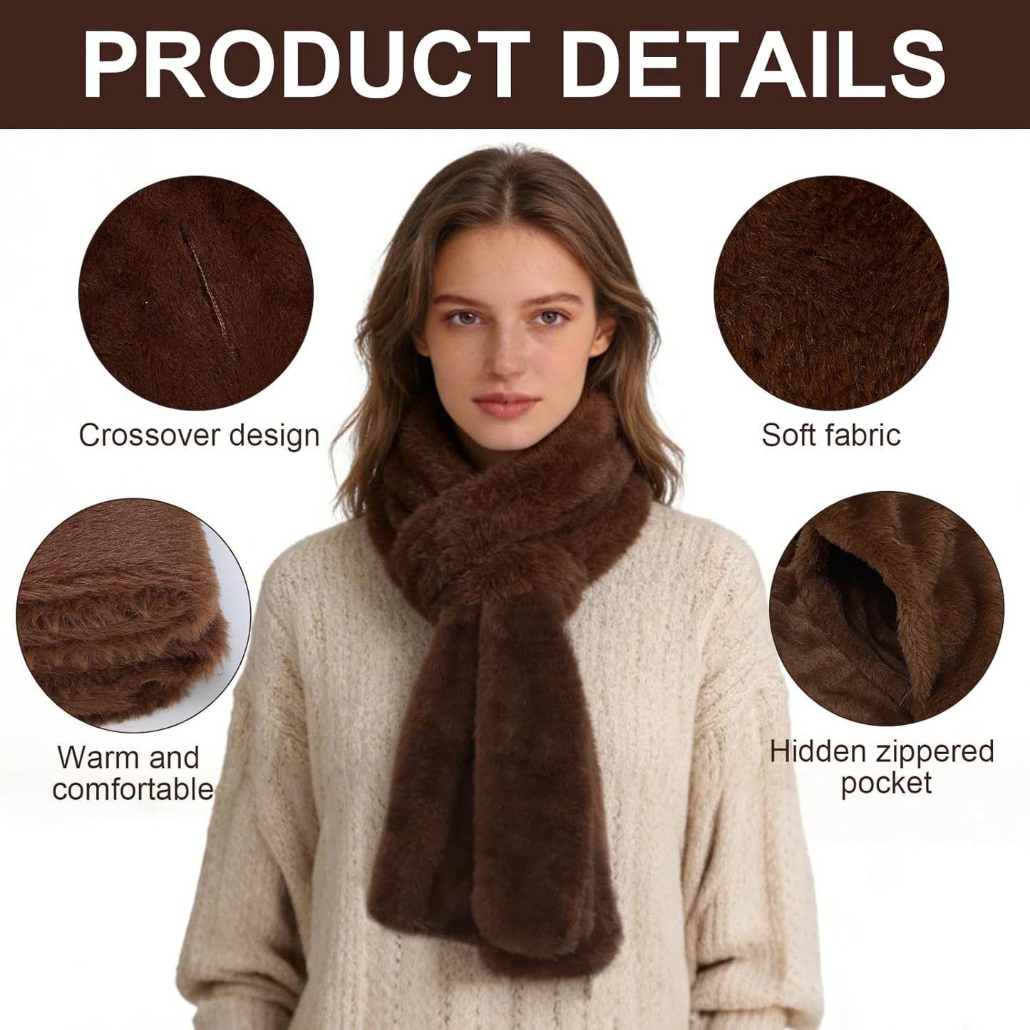 Faux Fur Scarf with Hidden Zipper Pocket, Womens Warm Scarf with Pockets, Pull Through Winter Scarves for Cold Weather