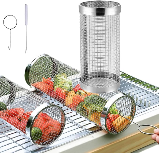 Stainless Steel BBQ Cage, 1 Count BBQ Grill Cage with Hook, BBQ Travel Accessories Tool Gifts for Camping BBQ, Barbecue Utensils