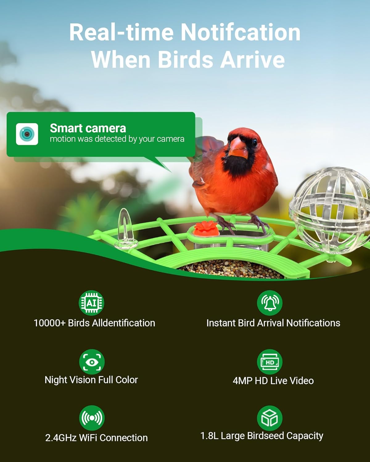 Smart Bird Feeder with Camera, Solar Powered, 4K Ultra HD & AI Recognition, Infrared Color Night Vision, Waterproof, Live Stream & Motion Alerts | Perfect Gift for Bird Enthusiasts