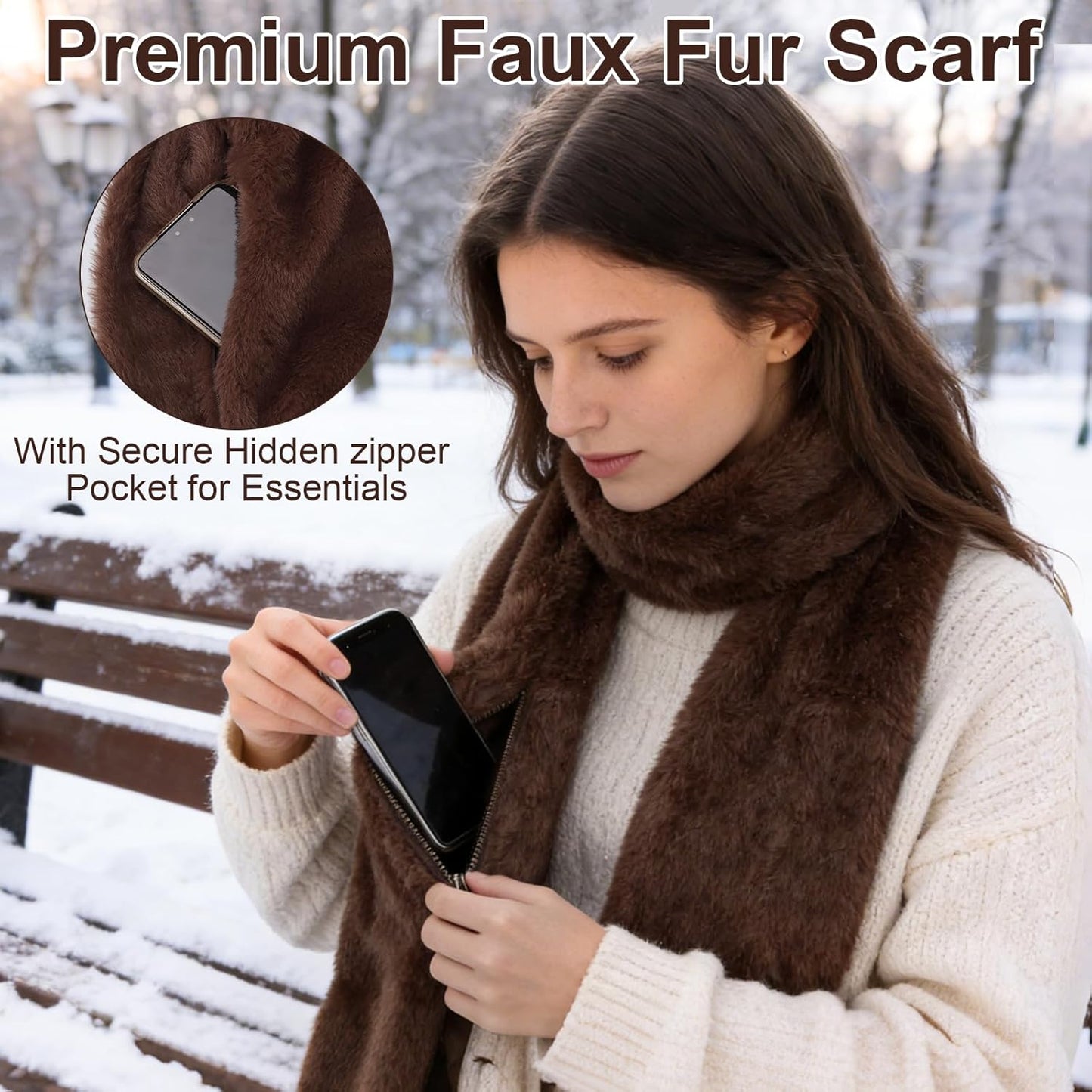 Faux Fur Scarf with Hidden Zipper Pocket, Womens Warm Scarf with Pockets, Pull Through Winter Scarves for Cold Weather