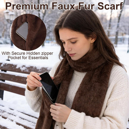 Faux Fur Scarf with Hidden Zipper Pocket, Womens Warm Scarf with Pockets, Pull Through Winter Scarves for Cold Weather