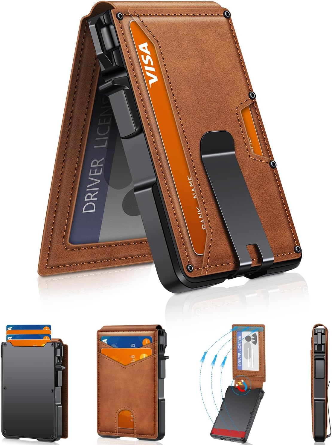 Minimalist Men’s Slim Wallet: 9 - 13 Cards, Money Clip, ID Window. RFID - Blocking, Aluminum Bifold Pop - Up