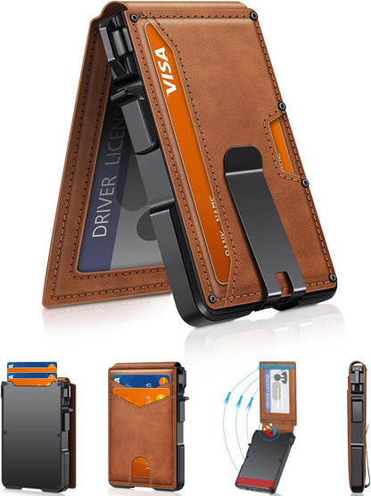 Minimalist Men’s Slim Wallet: 9 - 13 Cards, Money Clip, ID Window. RFID - Blocking, Aluminum Bifold Pop - Up