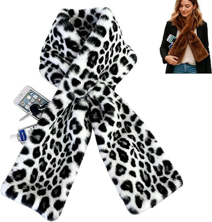 Faux Fur Scarf with Hidden Zipper Pocket, Womens Warm Scarf with Pockets, Pull Through Winter Scarves for Cold Weather