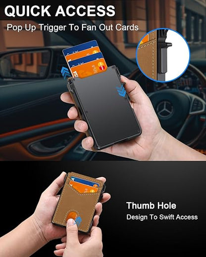 Minimalist Men’s Slim Wallet: 9 - 13 Cards, Money Clip, ID Window. RFID - Blocking, Aluminum Bifold Pop - Up