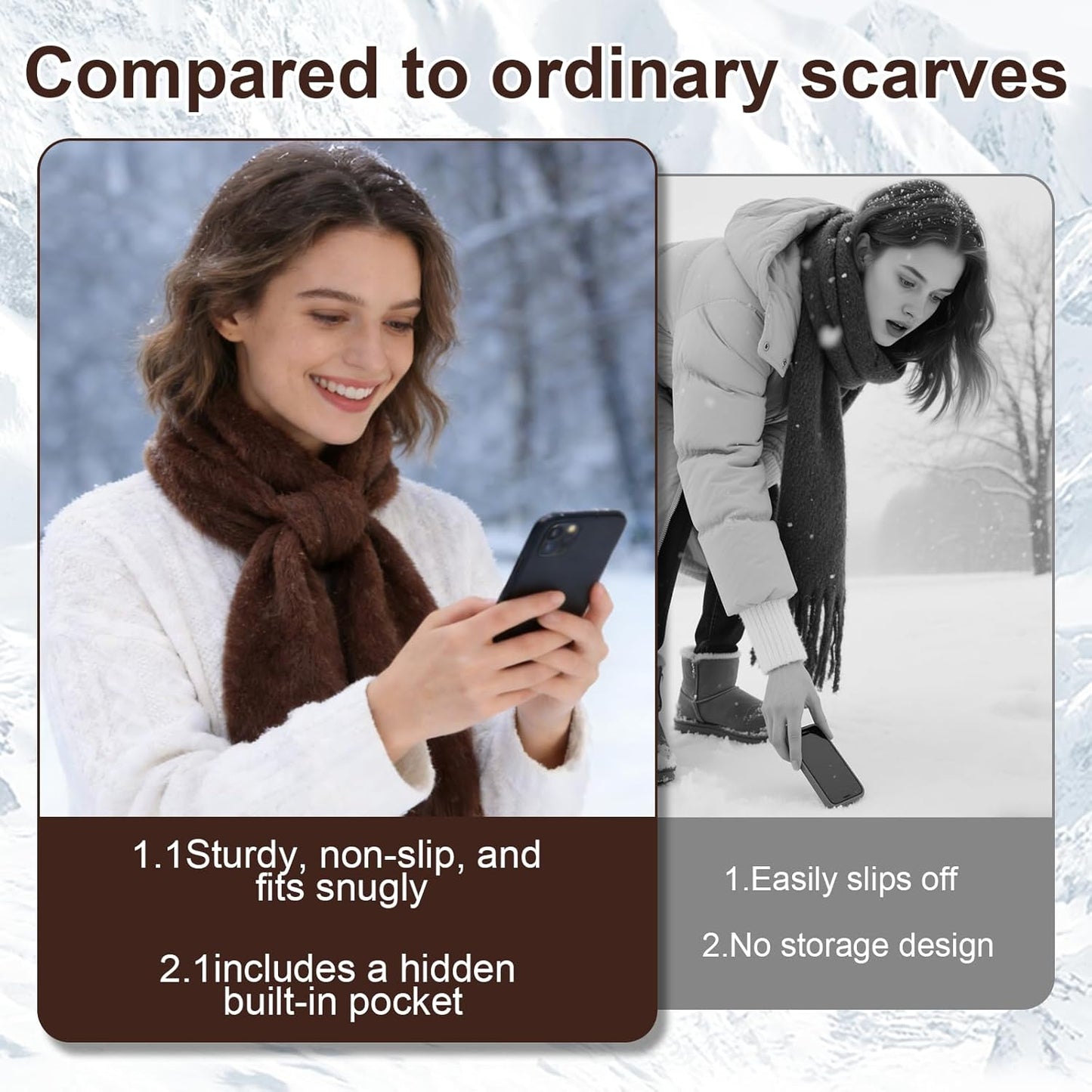 Faux Fur Scarf with Hidden Zipper Pocket, Womens Warm Scarf with Pockets, Pull Through Winter Scarves for Cold Weather