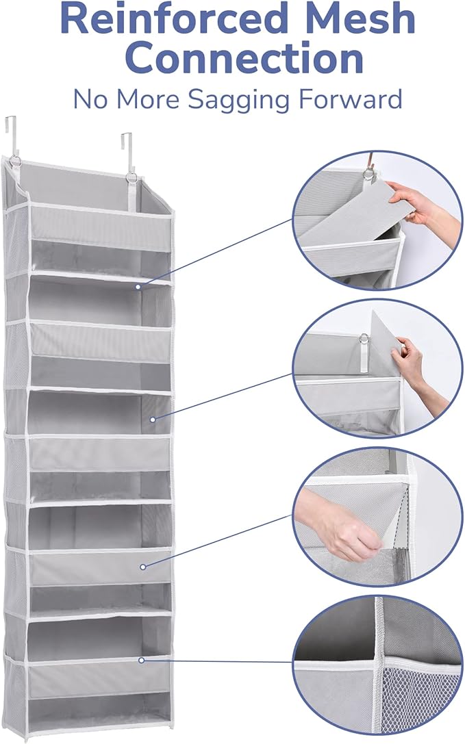 Over The Door Organizer Storage-5-Tier Hanging Organizer with 10 Large Pockets, Anti-Tilt Design, 44 lb Capacity for Bedroom, Bathroom, Baby Product Ptorage，Dormitory Storage，Back to School Must Have