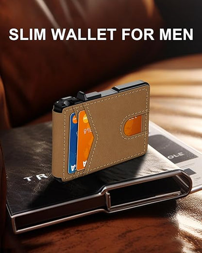 Minimalist Men’s Slim Wallet: 9 - 13 Cards, Money Clip, ID Window. RFID - Blocking, Aluminum Bifold Pop - Up