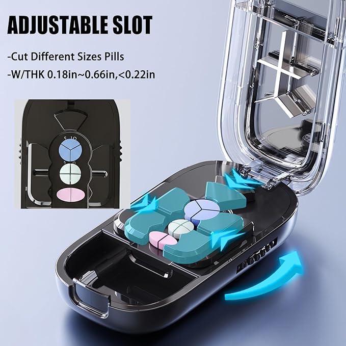 Pill Cutter Splitter for Small Mini Pills - 1/2&1/3&1/4 Adjustable Pill Cutter with Centering Device, Accurate Alignment Easy Operation