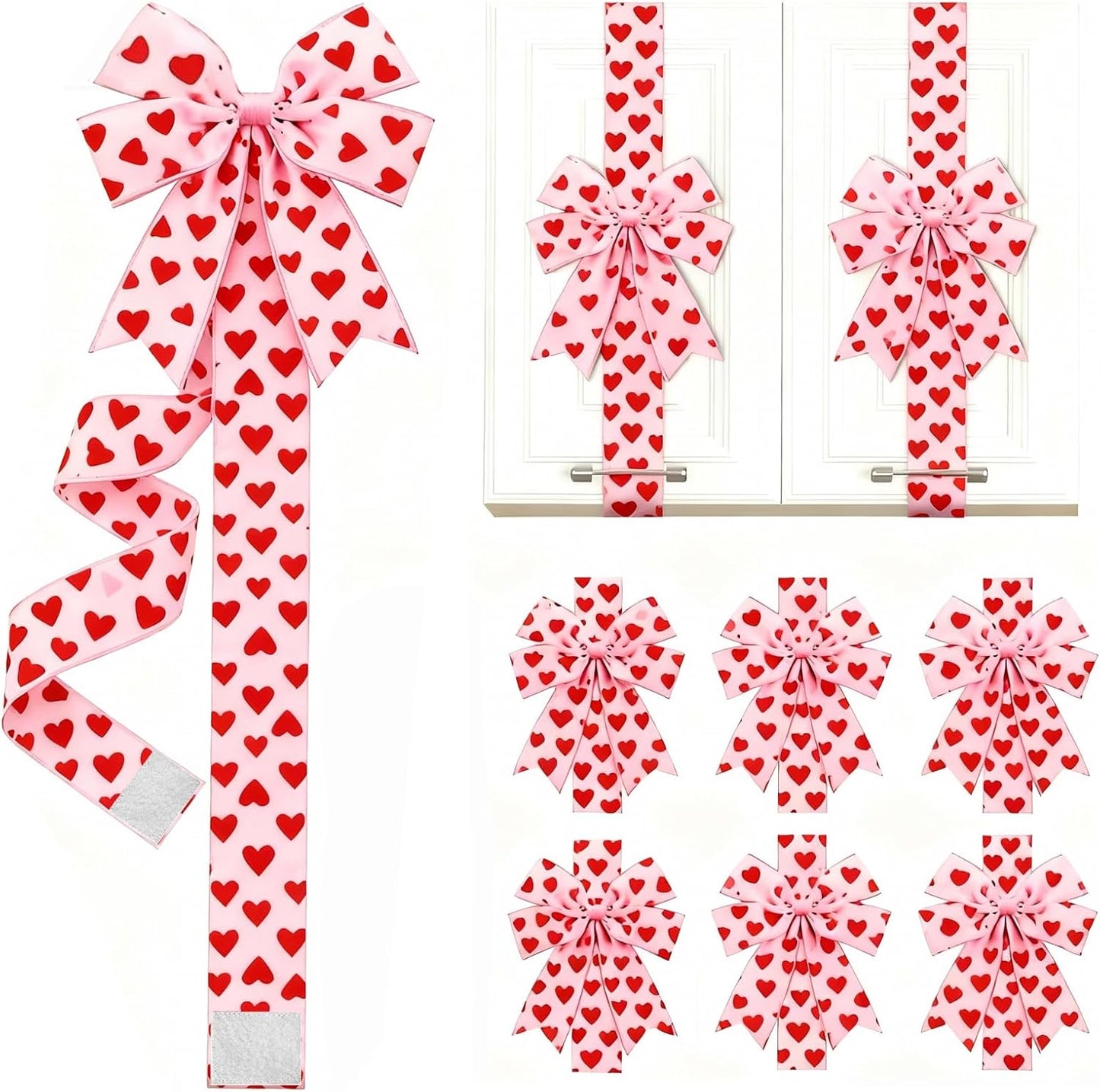 Valentine's Day Pink Heart Large Bow Decoration - 79x2.4 Inches Polyester Fringe Bow for Cabinet Doors  No Batteries Needed, Easy to Install Festive Home Decor