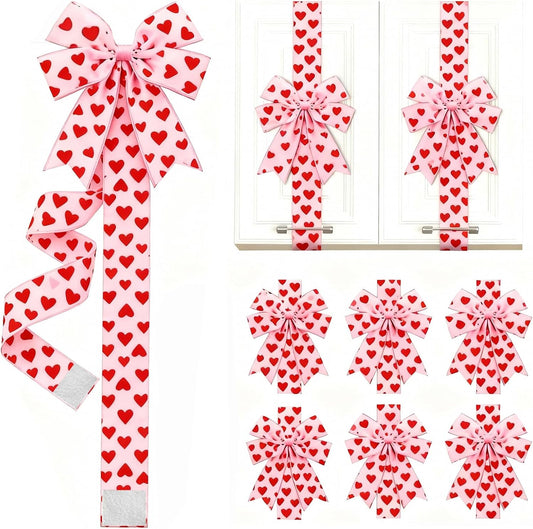Valentine's Day Pink Heart Large Bow Decoration - 79x2.4 Inches Polyester Fringe Bow for Cabinet Doors  No Batteries Needed, Easy to Install Festive Home Decor