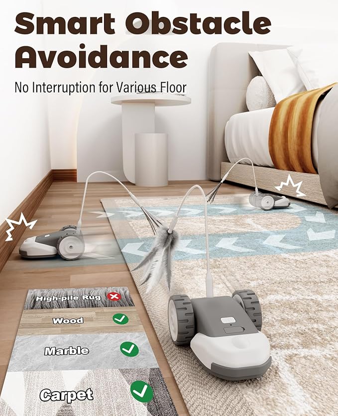 3-in-1 Interactive Pet Toy - 2-Speed Automatic Moving Mouse, 2 Feather String Ribbons, Wiggly Silicone Tail, Self-Play for Bored Indoor Kittens & Adult Petss