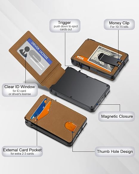 Minimalist Men’s Slim Wallet: 9 - 13 Cards, Money Clip, ID Window. RFID - Blocking, Aluminum Bifold Pop - Up