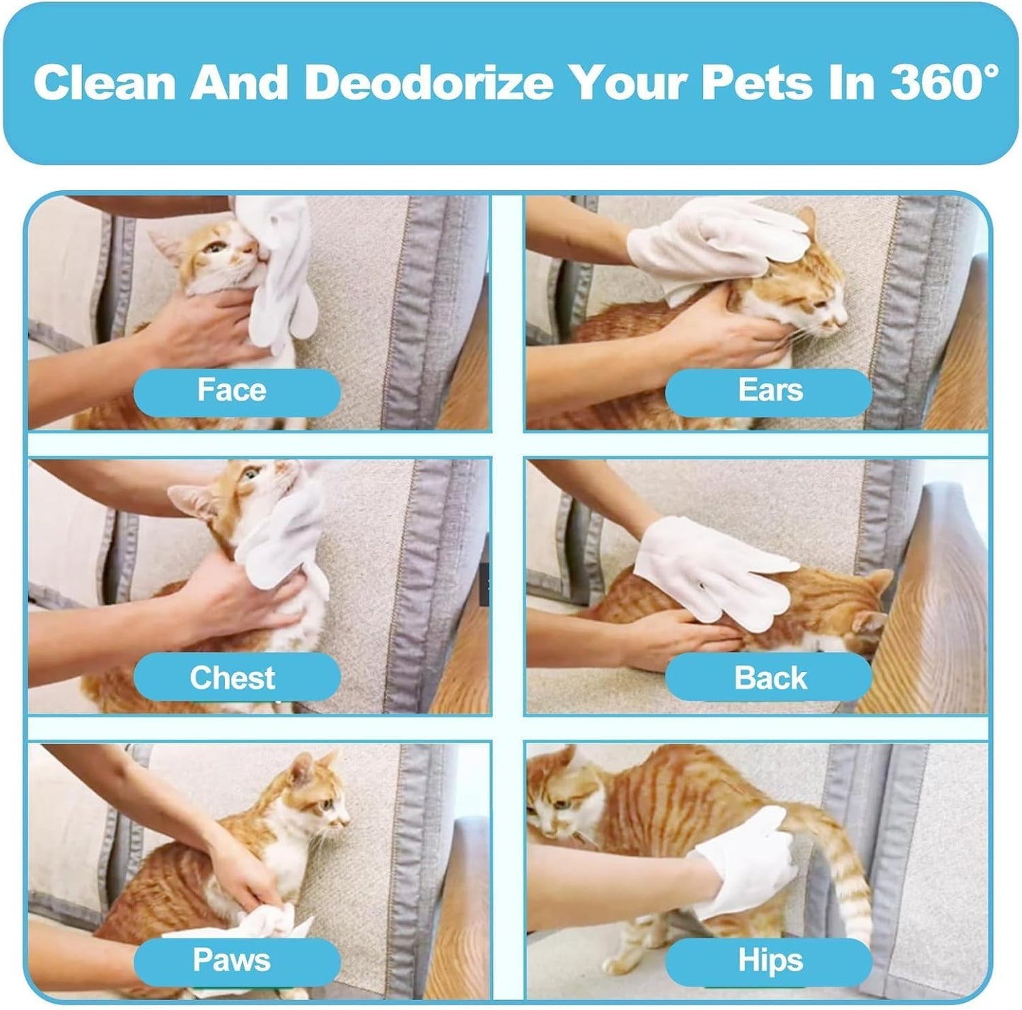 Pet Waterless Cleaning Gloves – Disposable Deodorizing Wipes for Dogs & Cats, Rinse-Free Grooming, 30pcs