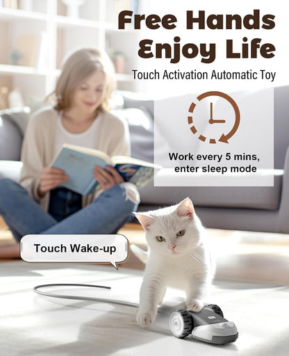 3-in-1 Interactive Pet Toy - 2-Speed Automatic Moving Mouse, 2 Feather String Ribbons, Wiggly Silicone Tail, Self-Play for Bored Indoor Kittens & Adult Petss