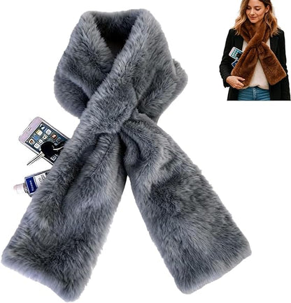 Faux Fur Scarf with Hidden Zipper Pocket, Womens Warm Scarf with Pockets, Pull Through Winter Scarves for Cold Weather