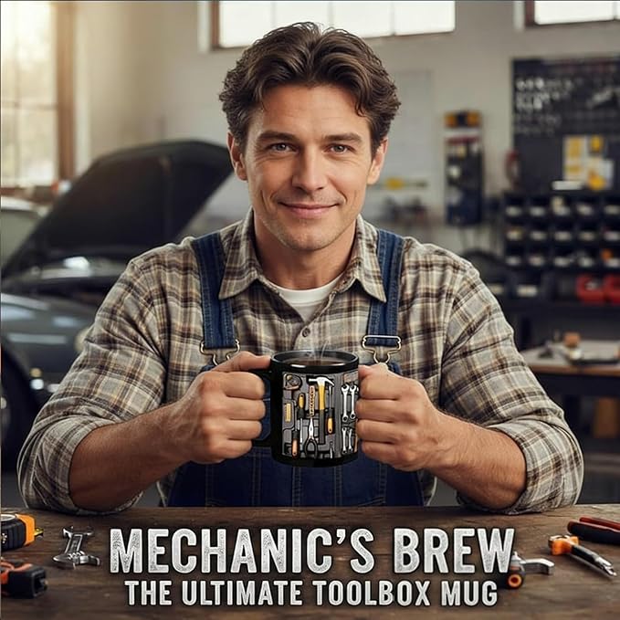 11 Oz Mechanic Toolbox Mug – Funny Tool Print Ceramic Cup | Dishwasher/Microwave Safe | Cool Gift for Mechanics, Husband & Dad