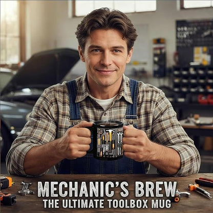 11 Oz Mechanic Toolbox Mug – Funny Tool Print Ceramic Cup | Dishwasher/Microwave Safe | Cool Gift for Mechanics, Husband & Dad