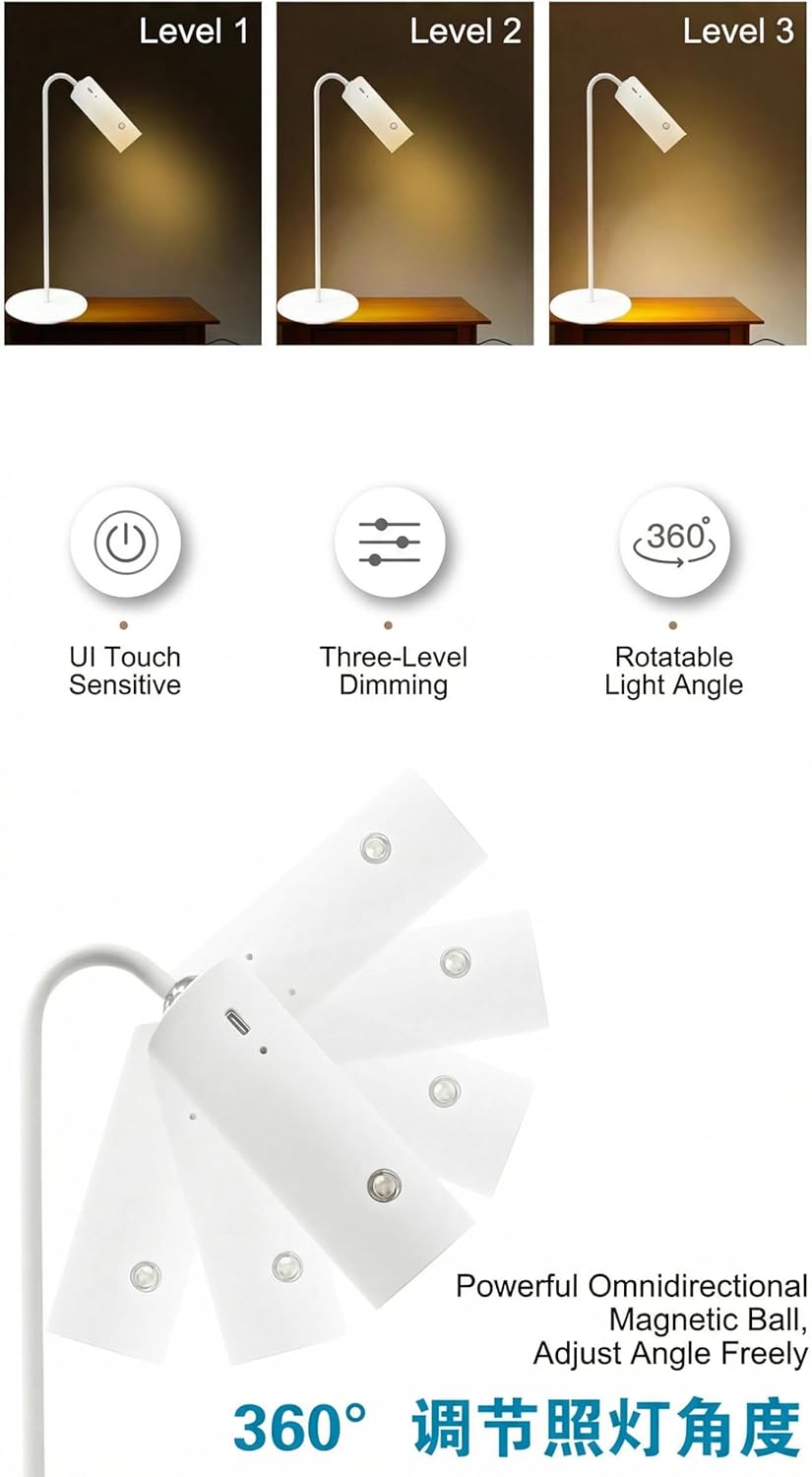 3-in-1 Magnetic LED Lamp: Touch Control, 3 Brightness, 360° Adjustable – Portable for Reading/Study/Bedside
