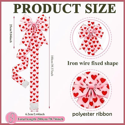 Valentine's Day Pink Heart Large Bow Decoration - 79x2.4 Inches Polyester Fringe Bow for Cabinet Doors  No Batteries Needed, Easy to Install Festive Home Decor