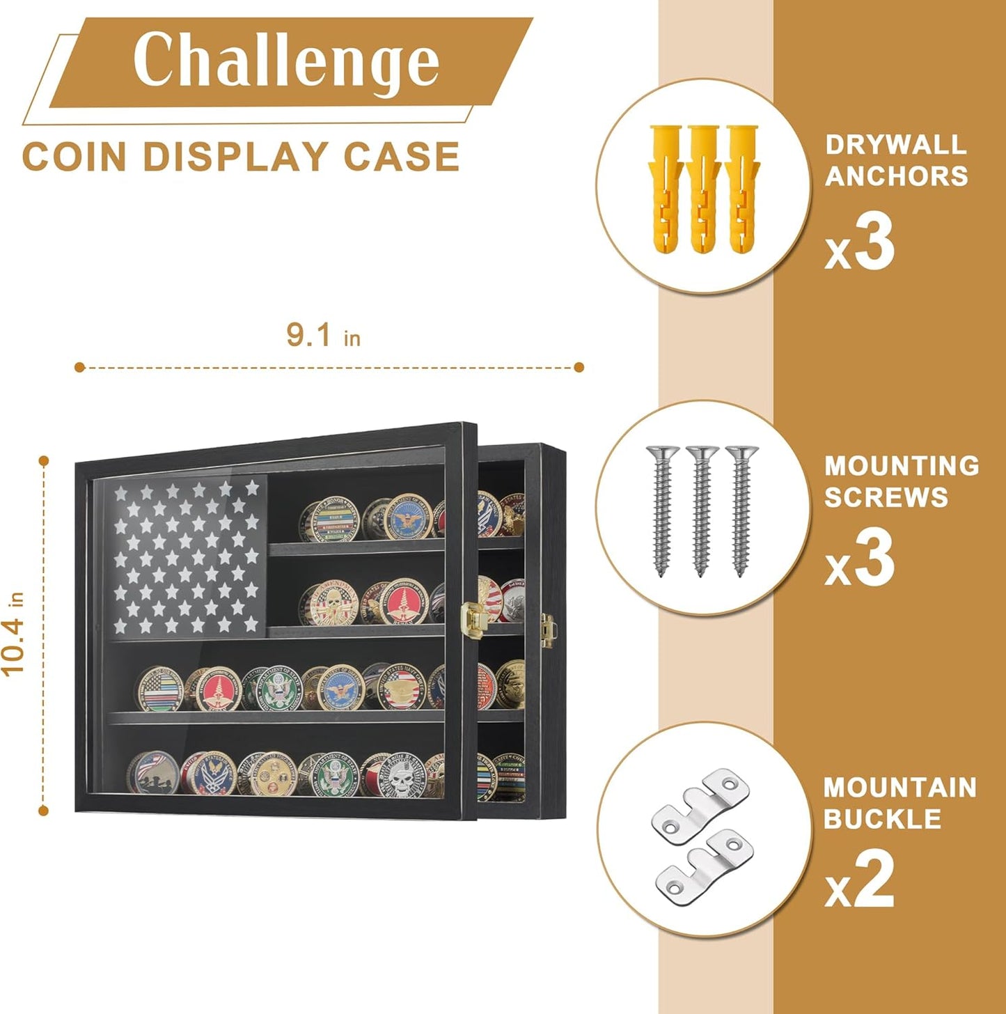 Challenge Coin & Military Medal Display Case 11x15", Shadow Box with HD Acrylic Glass, 2-Slot Vintage Rack with US Flag for Casino Poker Chips & Fine Souvenirs