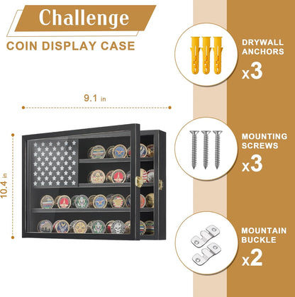Challenge Coin & Military Medal Display Case 11x15", Shadow Box with HD Acrylic Glass, 2-Slot Vintage Rack with US Flag for Casino Poker Chips & Fine Souvenirs