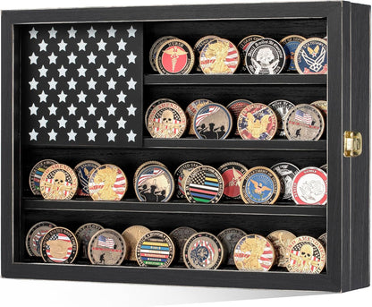 Challenge Coin & Military Medal Display Case 11x15", Shadow Box with HD Acrylic Glass, 2-Slot Vintage Rack with US Flag for Casino Poker Chips & Fine Souvenirs