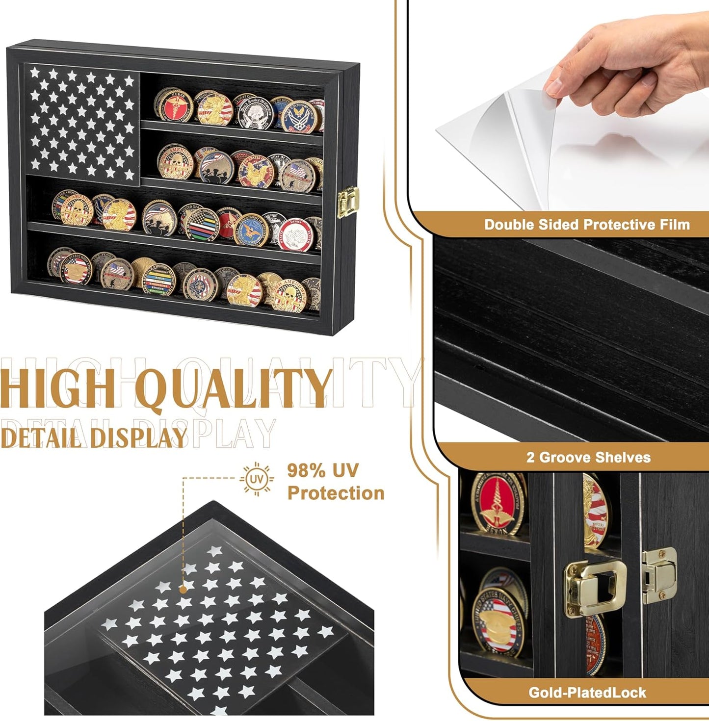 Challenge Coin & Military Medal Display Case 11x15", Shadow Box with HD Acrylic Glass, 2-Slot Vintage Rack with US Flag for Casino Poker Chips & Fine Souvenirs