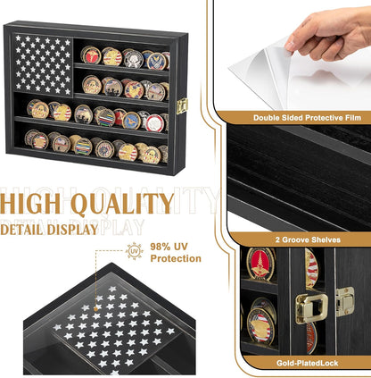 Challenge Coin & Military Medal Display Case 11x15", Shadow Box with HD Acrylic Glass, 2-Slot Vintage Rack with US Flag for Casino Poker Chips & Fine Souvenirs