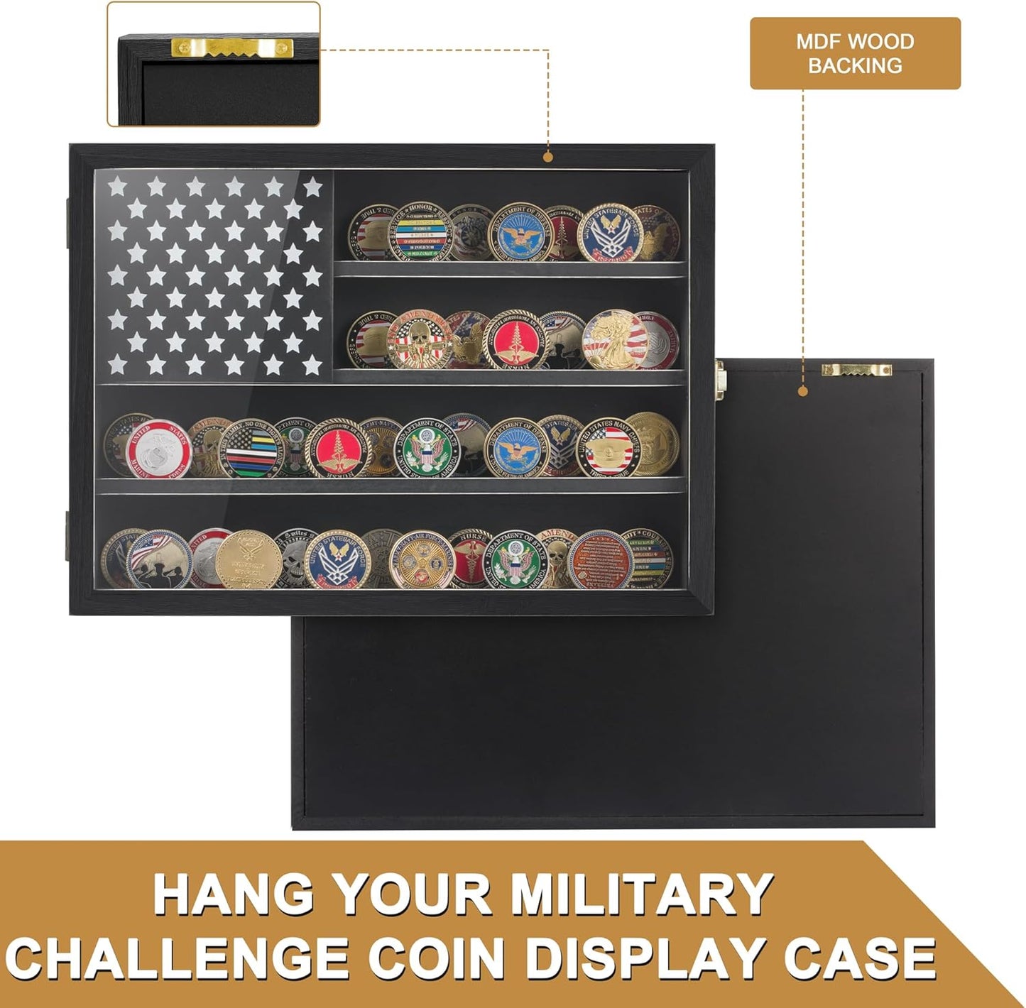 Challenge Coin & Military Medal Display Case 11x15", Shadow Box with HD Acrylic Glass, 2-Slot Vintage Rack with US Flag for Casino Poker Chips & Fine Souvenirs