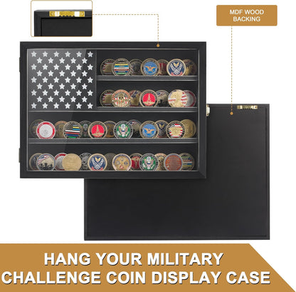 Challenge Coin & Military Medal Display Case 11x15", Shadow Box with HD Acrylic Glass, 2-Slot Vintage Rack with US Flag for Casino Poker Chips & Fine Souvenirs