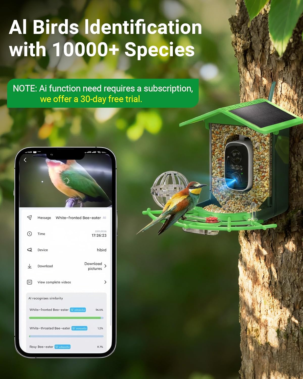 Smart Bird Feeder with Camera, Solar Powered, 4K Ultra HD & AI Recognition, Infrared Color Night Vision, Waterproof, Live Stream & Motion Alerts | Perfect Gift for Bird Enthusiasts