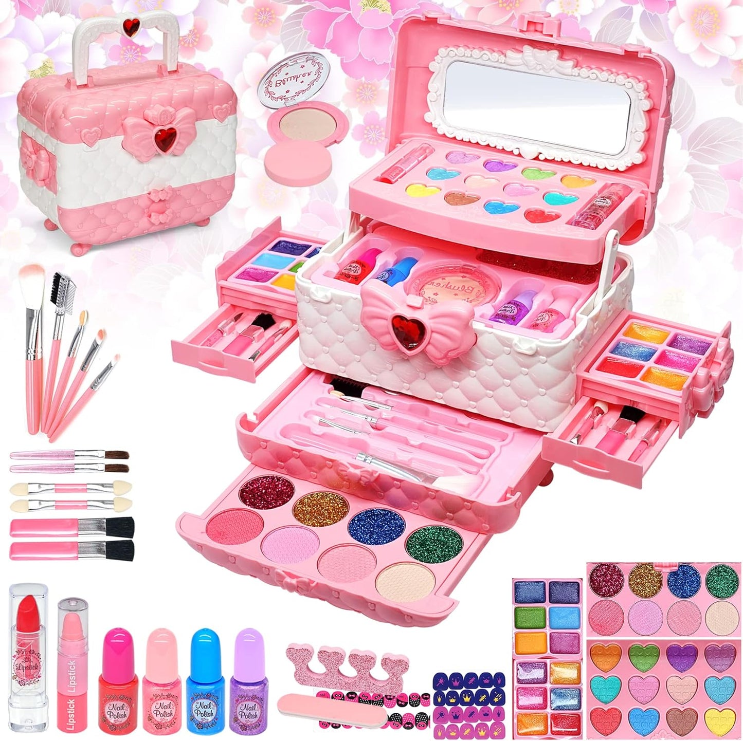 Girls Makeup Kit for Dress Up, 54Pcs Multilayer Princess Cosmetic Box, Non-Toxic Pretend Play Makeup Toy, Great for Kids’ Party & Role Play, Gift for 4-12 Year Old Girls