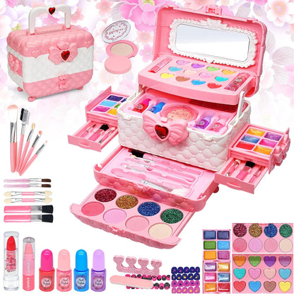 Girls Makeup Kit for Dress Up, 54Pcs Multilayer Princess Cosmetic Box, Non-Toxic Pretend Play Makeup Toy, Great for Kids’ Party & Role Play, Gift for 4-12 Year Old Girls