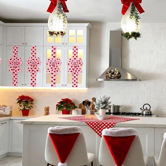 Valentine's Day Pink Heart Large Bow Decoration - 79x2.4 Inches Polyester Fringe Bow for Cabinet Doors  No Batteries Needed, Easy to Install Festive Home Decor